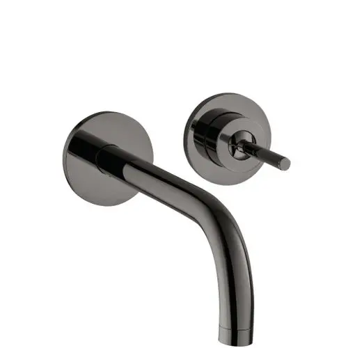 Ein AXOR-Waschtischmischer in Polished Black Chrome für die Wandmontage, bestehend aus einem Auslauf und einem separaten Bedienhebel.